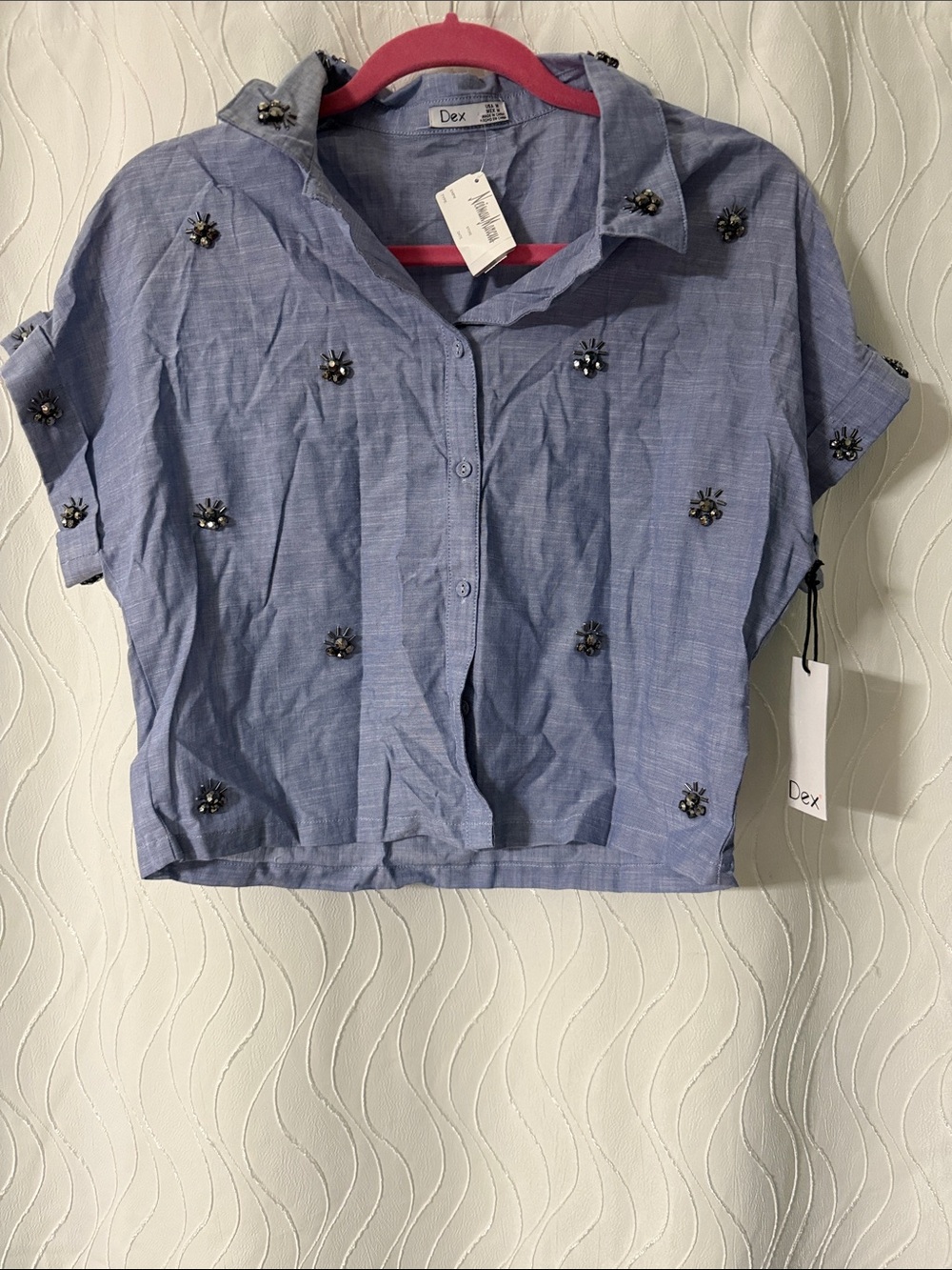 Dex Light Blue Short-Sleeve Button-Down Top with Beaded Accents